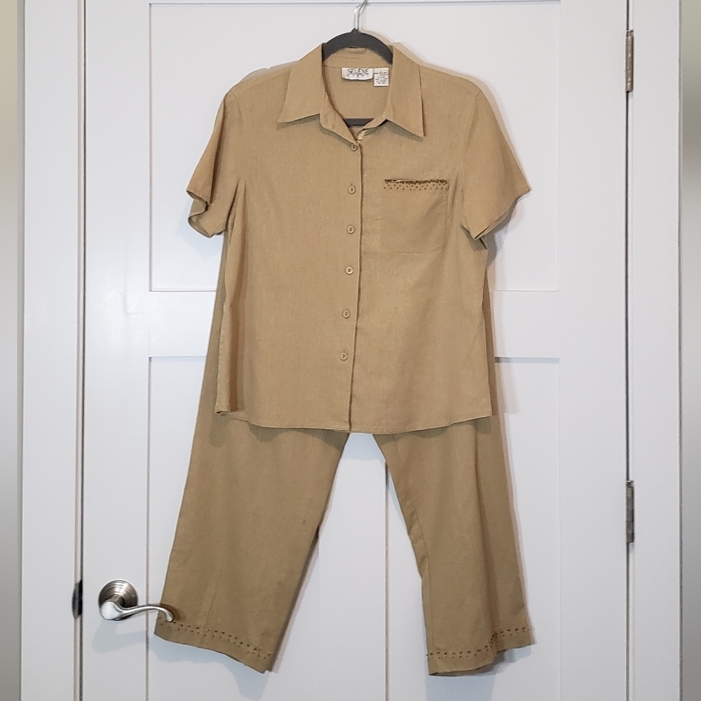 Selene Sport Linen Blend 2 Piece Set Button Down Shirt Pull On Pants Size Large